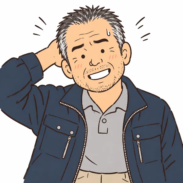 小春ゆるの画風で描いた、頭をかいて笑う社長