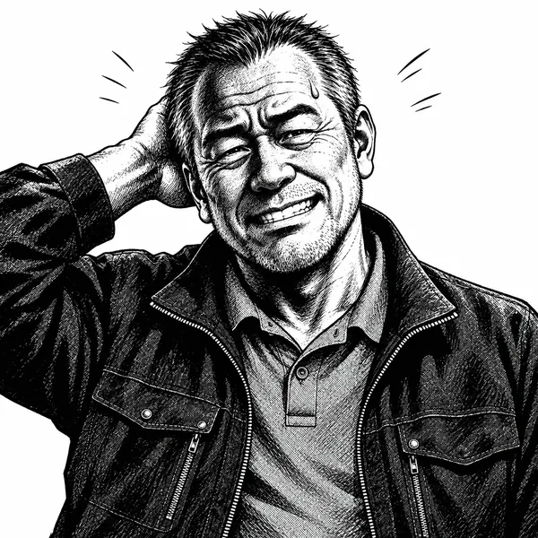 楔ゴウの画風で描いた、頭をかいて笑う社長