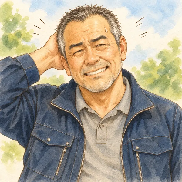 水辺あおの画風で描いた、頭をかいて笑う社長