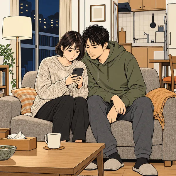 夜、ソファでスマートフォンをのぞき込む夫婦
