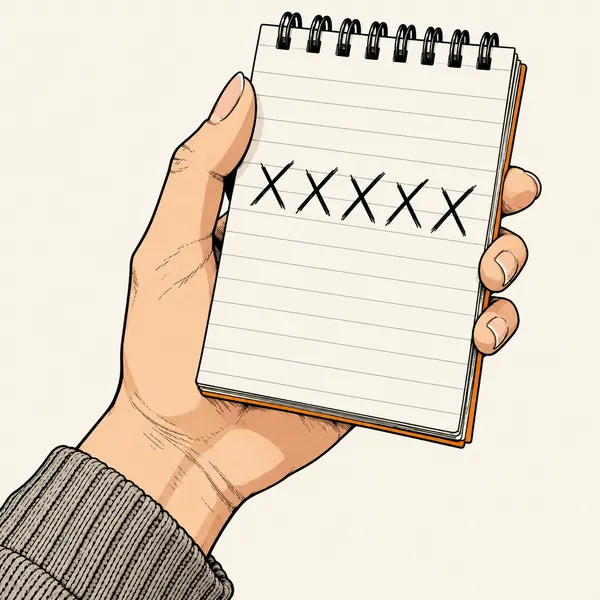 5つのバツ印が書かれたメモを持つ手