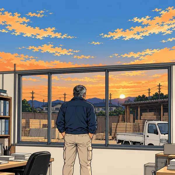 夕方、窓から作業場を見つめる社長の後ろ姿