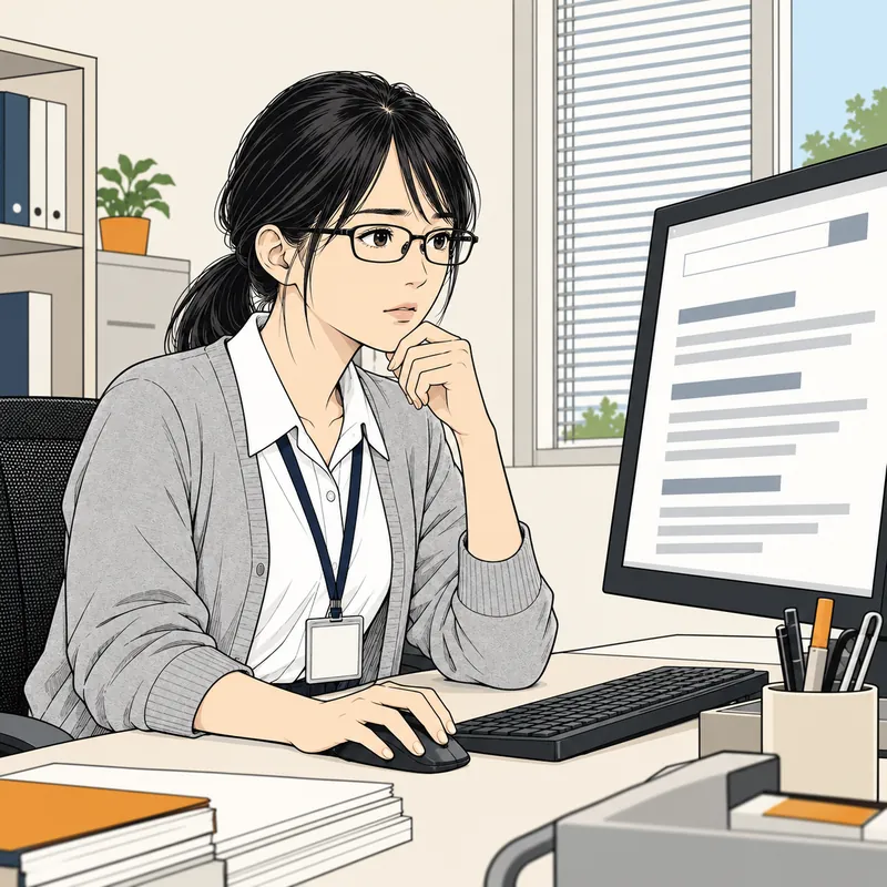 パソコンの画面を見て首をかしげる事務の女性
