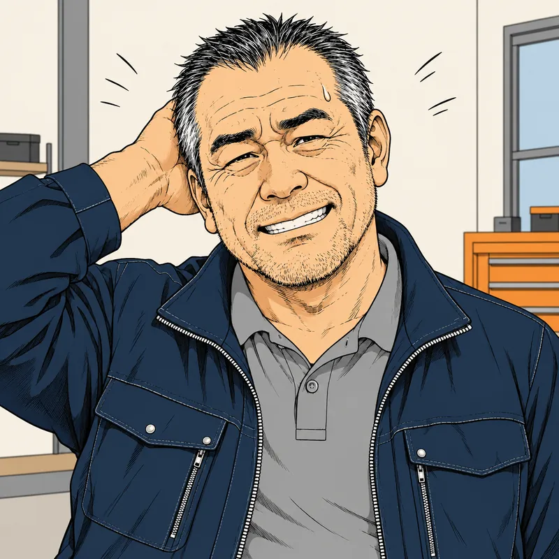 頭をかいて、ぎこちなく笑う工務店の社長